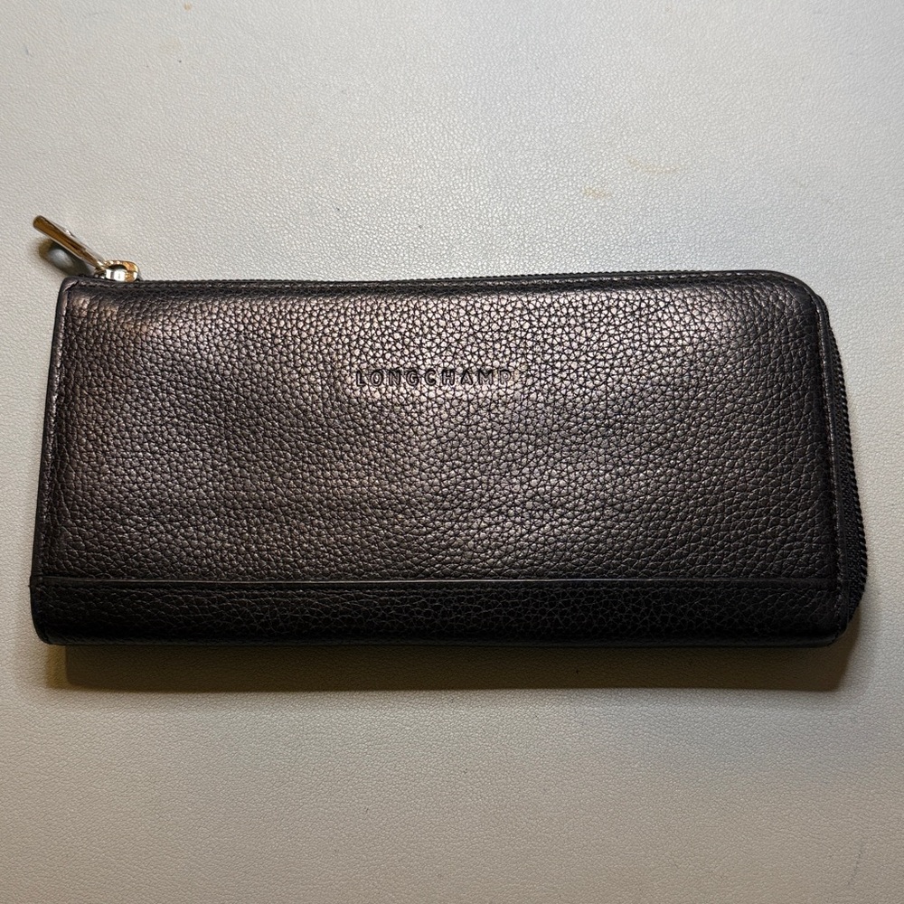Longchamp Black Wallet with Silver Zipper